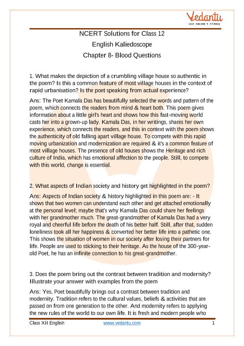Access NCERT Solutions For Class 12 English Kaliedoscope Chapter 8 Blood Questions part-1