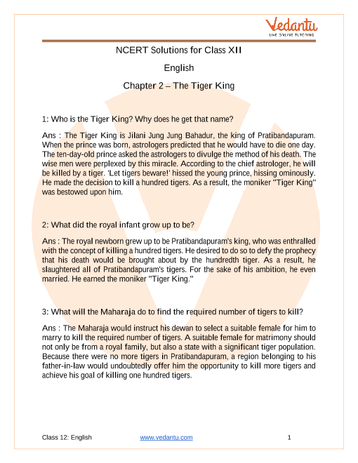 Ncert Solutions For Class 12 English Vistas Chapter 2 The Tiger King