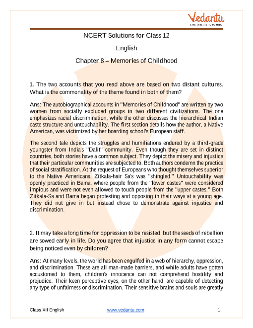 Access NCERT Solutions For Class 12 English Chapter 8 – Memories of Childhood part-1