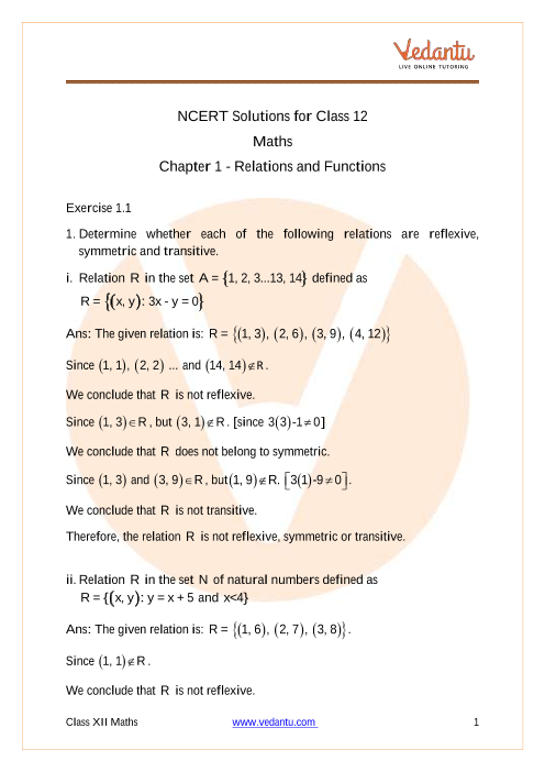 NCERT Solutions For Class 12 Maths Chapter 1 Relations and Functions part-1