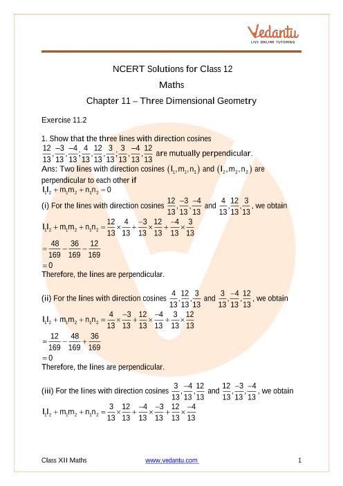 Access NCERT Solutions for Class 12 Maths Chapter 11 – Three Dimensional Geometry part-1