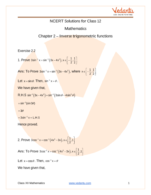 Access NCERT Solutions for Class 12 Mathematics Chapter 2 – Inverse Trigonometric Functions part-1