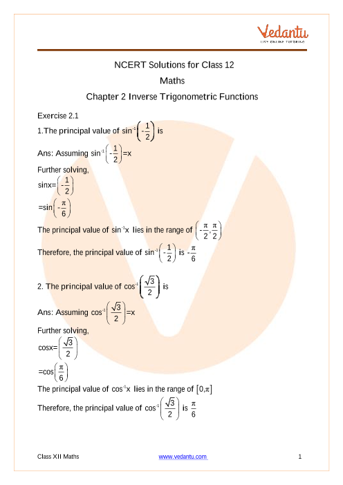 Access NCERT Solutions for Class 12 Maths Chapter 2 - Inverse Trigonometric Functions part-1