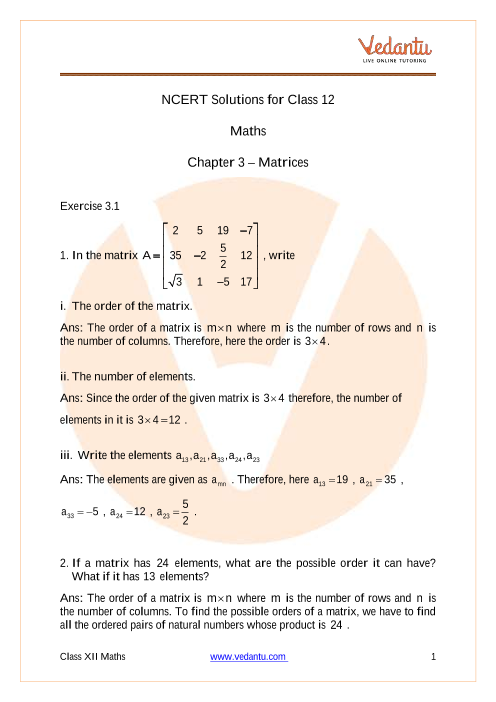 Access NCERT Solutions for Class 12 Maths Chapter 3 – Matrices part-1