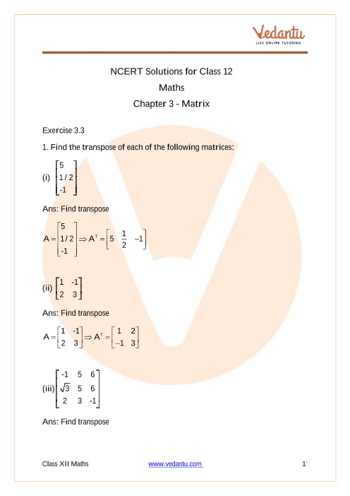 Access NCERT Solutions for Class 12 Maths Chapter 3- Matrix part-1