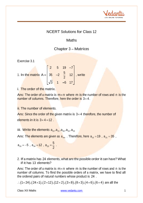 NCERT Solutions for Class 12 Maths Chapter 3 Matrices part-1