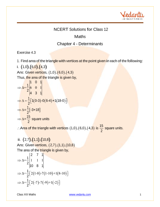Access NCERT Solutions for Class 12 Maths Chapter 4 - Determinants part-1