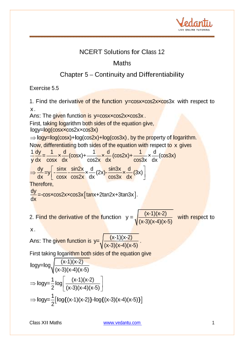 Ncert Solutions For Class 12 Maths Chapter 5 Continuity And Differentiability Ex 5 5 Exercise 5 5