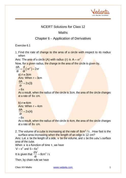 Access NCERT Solutions for Class 12 Maths Chapter 6 –Application of Derivatives part-1