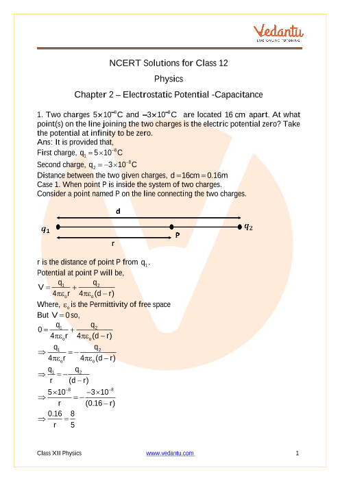Ncert Solutions For Class 12 Physics Chapter 2 Electrostatic Potential Capacitance Free Pdf
