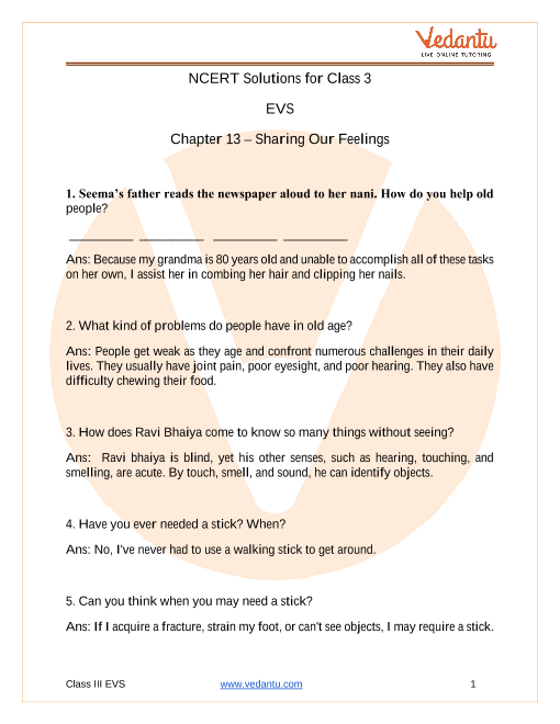 Ncert Solutions For Class 3 Evs Chapter 13 Sharing Our Feelings Free Pdf
