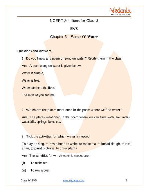Ncert Solutions For Class 3 Evs Chapter 3 Water O Water Free Pdf
