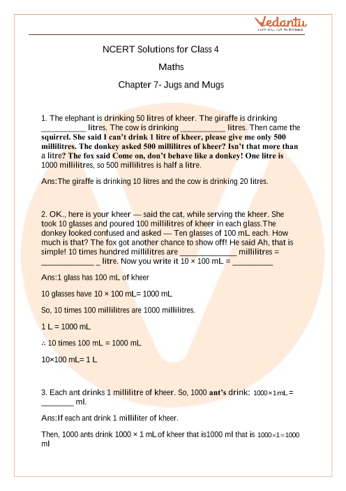 Access NCERT Solution for Class 4 Mathematics Chapter 7 -Jugs and Mugs part-1
