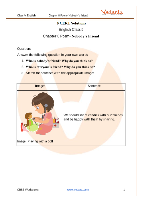 NCERT Solutions for Class 5 English Chapter 8 Nobody's Friend and The  Little Bully Download PDF.