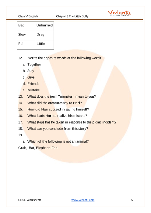 NCERT Solutions for Class 5 English Chapter 8 Nobody's Friend and The  Little Bully Download PDF.