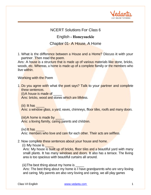 NCERT Solutions for Class 6 English Honeysuckle Chapter 1 part-1