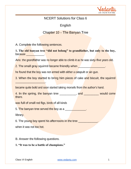 NCERT Solutions for Class 6 English Honeysuckle Chapter 10 The Banyan