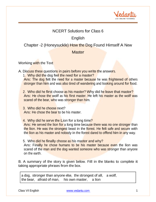 NCERT Solutions for Class 6 English Honeysuckle Chapter 2 - How the Dog  Found Himself a new Master