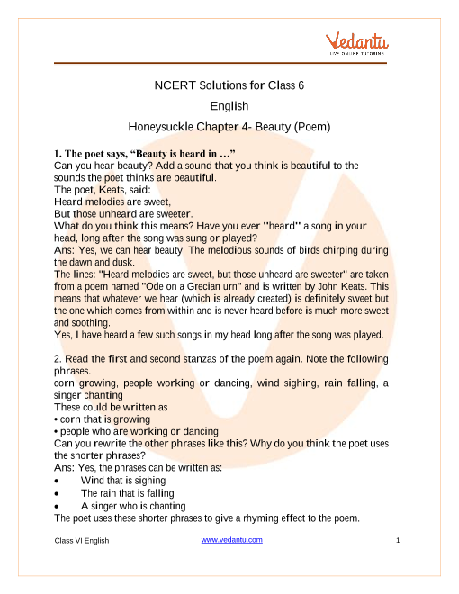 NCERT Solutions for Class 6 English Honeysuckle Poem - Beauty