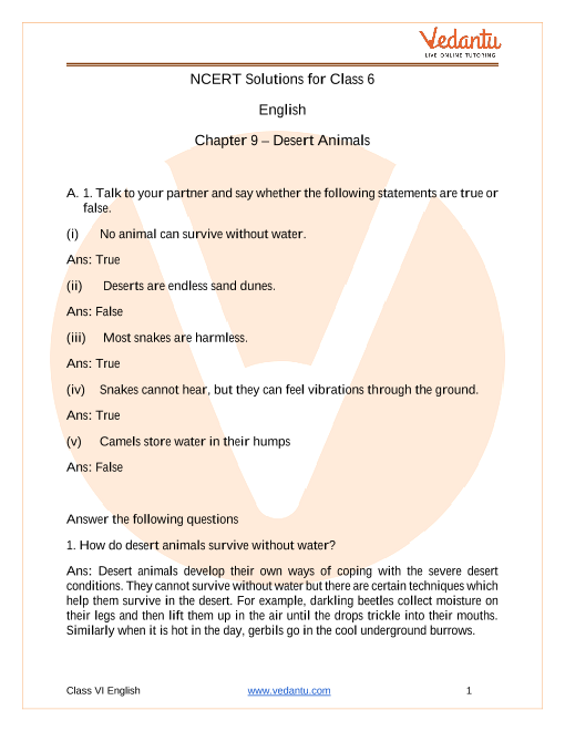 NCERT Solutions for Class 6 English Honeysuckle Chapter 9 - Desert Animals