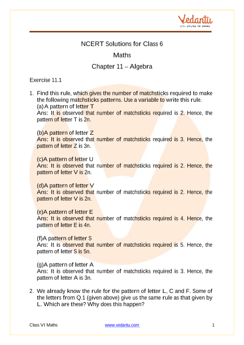 NCERT Solutions for Class 6 Maths Chapter 11 Algebra - Free PDF part-1