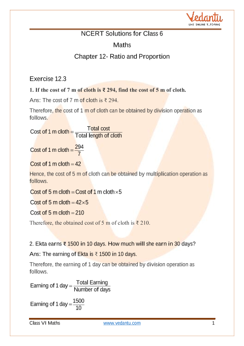Access NCERT solutions for Class 6 Chapter 12- Ratio and Proportion part-1