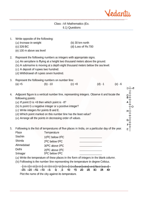 class 6 maths integers worksheet with answers
