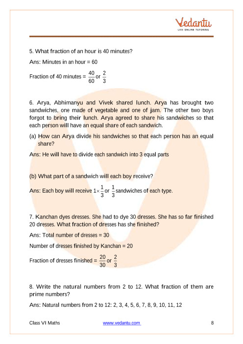 NCERT Solutions for Class 6 Maths Chapter 7 Fractions.