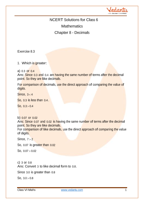 Access NCERT Solution for class 6 Maths Chapter 8 - Decimals part-1