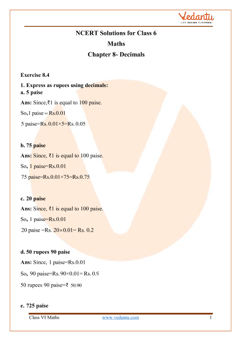 Access NCERT Class 6 Mathematics Chapter 8- Decimals part-1