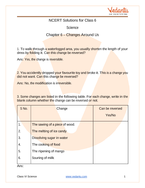Changes around Us NCERT Solutions - Class 6 Science part-1