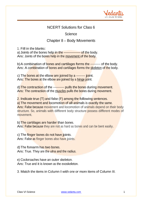 NCERT Solutions for Class 6 Science Chapter 8 Body Movements - Free PDF