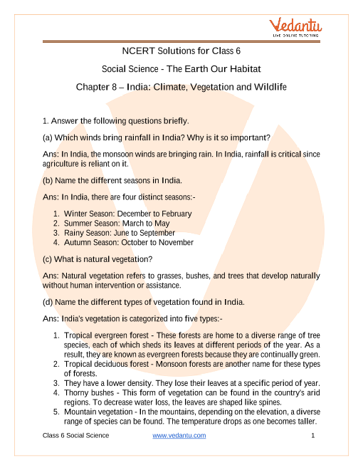 NCERT Solutions for Class 6 Social Science - The Earth Our Habitat Chapter-8 part-1