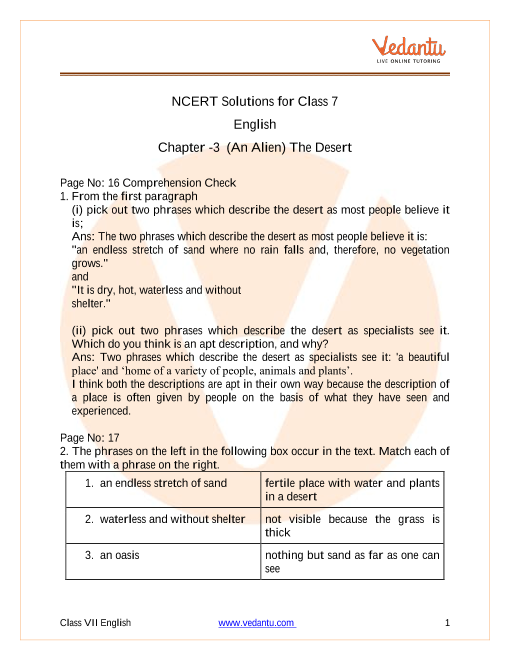 NCERT Solutions for Class 7 English An Alien Hand Chapter 3 - The Desert