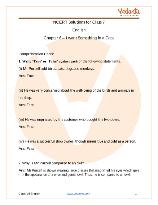 NCERT Solutions for Class 7 English An Alien Hand Chapter 6 - I Want  Something In A Cage