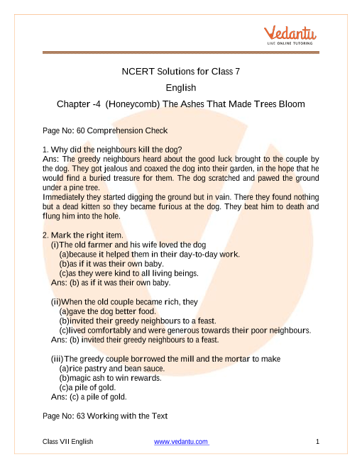 Access NCERT Solutions for Class 7 English Chapter 4- (Honeycomb) The Ashes That Made Trees Bloom part-1