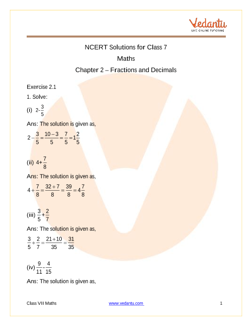 Access NCERT Solutions for Class 7 Maths Chapter 2 – Fractions and Decimals part-1