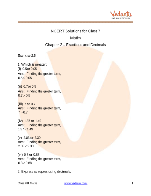 Access NCERT Solutions for Class 7 Maths Chapter 2 - Fractions and Decimals part-1