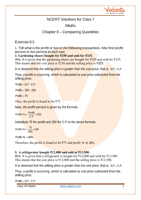 Access NCERT solutions for Class 7 Maths Chapter 8 – Comparing Quantities part-1