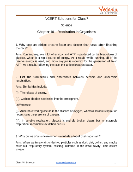 NCERT Solutions for Class 7 Science Chapter 10 - Respiration in Organisms