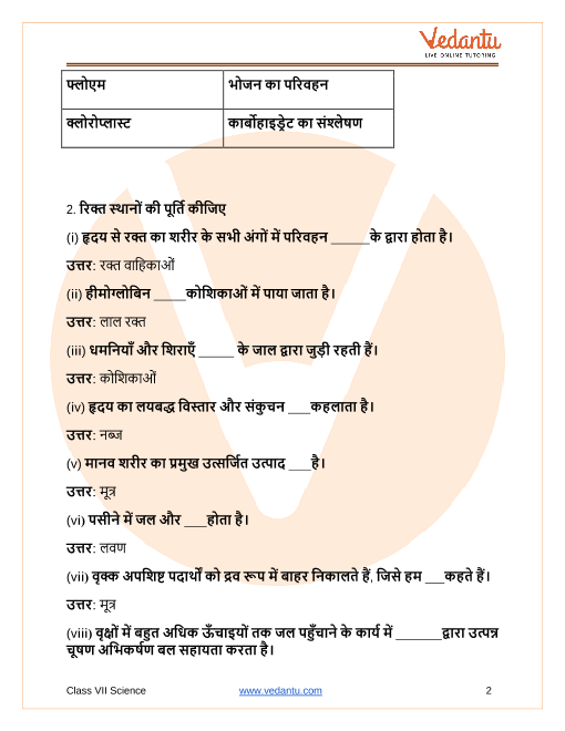 NCERT Solutions for Class 7 Science Chapter 11 Transportation in Animals  and Plants In Hindi