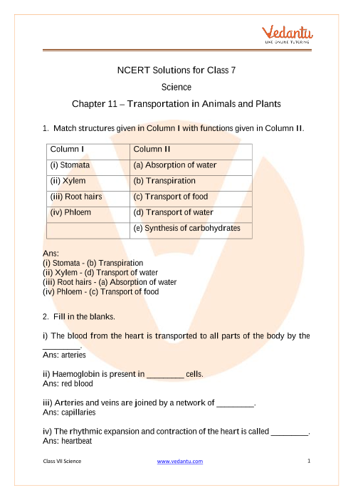 NCERT Solutions for Class 7 Science Chapter 11 - Transportation in Animals  and Plants