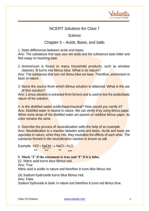Access NCERT Solutions for Class 7 Science Chapter 5 – Acids, Bases, and Salts part-1