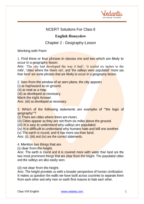 Access NCERT Solutions For Class 8 English Honeydew Chapter 2 - Geography Lesson part-1