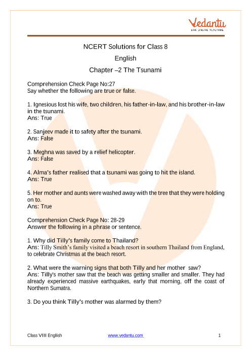 NCERT Solutions for Class 8 English Honeydew Chapter 2 - The Tsunami