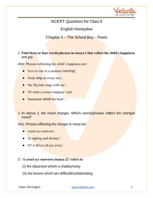 Access NCERT Solutions for Class 8 English Honeydew Chapter 5  The School Boy - Poem part-1