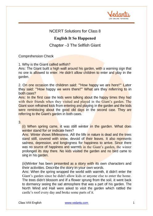 NCERT solutions for class 8 English It So Happened The Selfish Giant