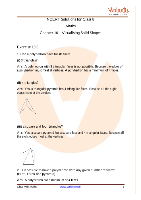Access NCERT Solution for Class 8 Maths Chapter 10 – Visualising Solid Shapes part-1