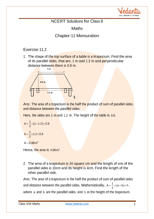 Access NCERT solutions for Class 8 Chapter 11 - Mensuration part-1
