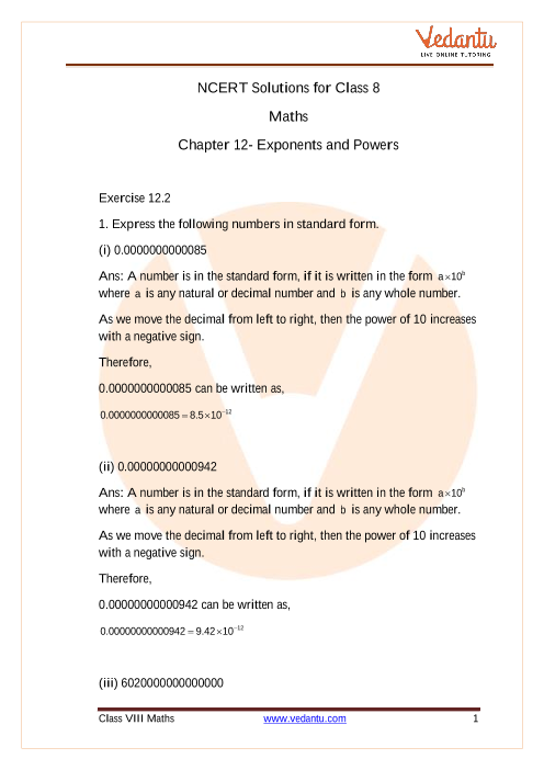 Access NCERT Solution for Class 8 Maths Chapter 12- Exponents and Powers part-1